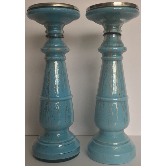 Blue Pillar Candle holder tabletop centerpiece home decor set New - Picture 1 of 9